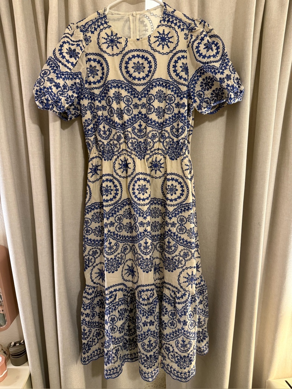 New MOTF Printed Blue and Cream Linen Midi Dress L